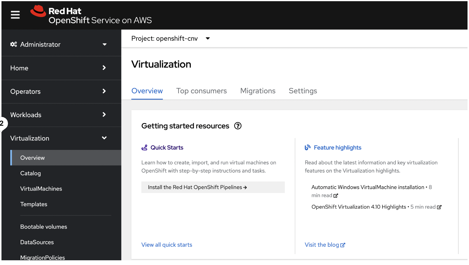 Virtualization tab In OpenShift web console